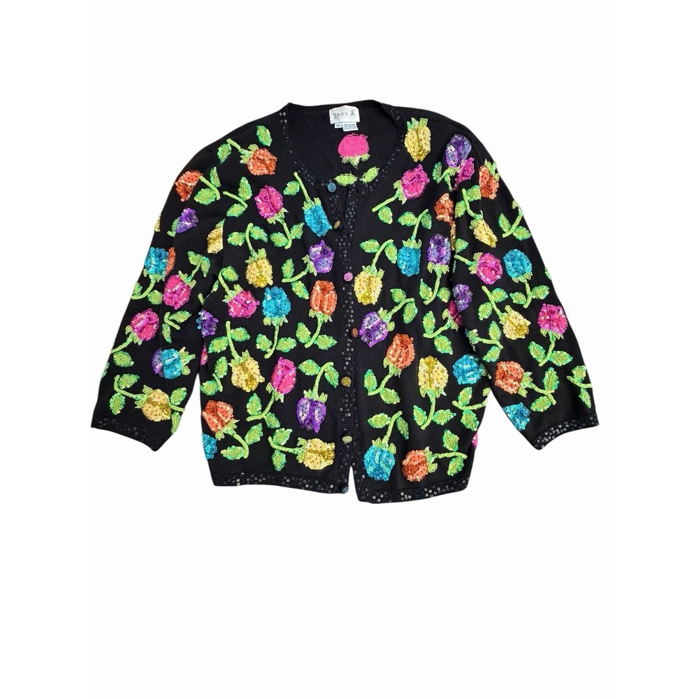 Just B Cardigan Sweater Women XL Floral Sequin Embroidery Grandmacore #AB7-1